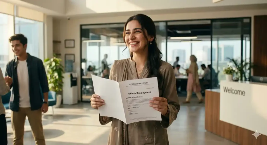 Create an emotional success scene where a Pakistani candidate looks happy after getting job confirmation, holding documents and smiling. Bright lighting, positive mood, professional office background, cinematic style.
