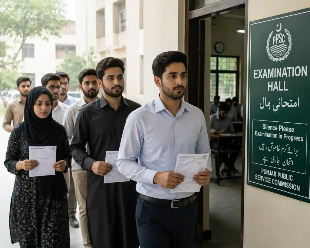 PPSC exam center candidates entering hall