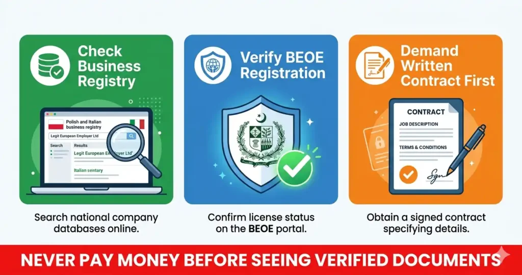 how to verify legitimate employer unskilled jobs Europe for Pakistanis 2026 BEOE verification scam protection guide