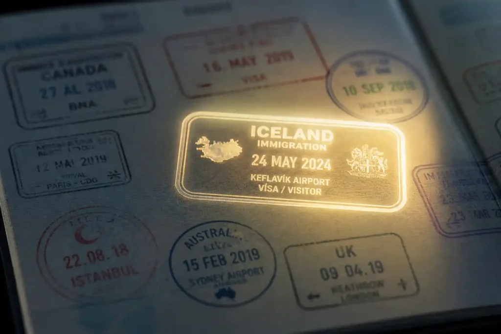 Real Iceland visa approval stamps.