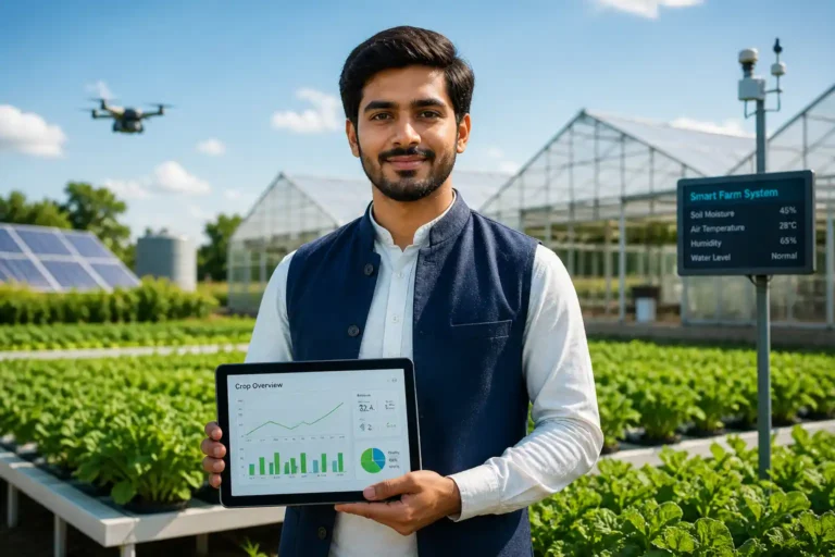 High-Paid Agri Training 2026 featured image showing a successful young farmer with a digital tablet in a modern farm.