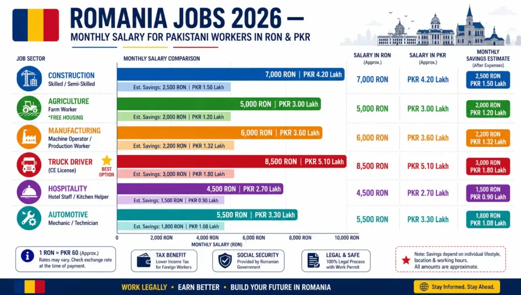 Romania jobs for Pakistanis 2026 salary comparison construction agriculture manufacturing truck driver RON PKR monthly