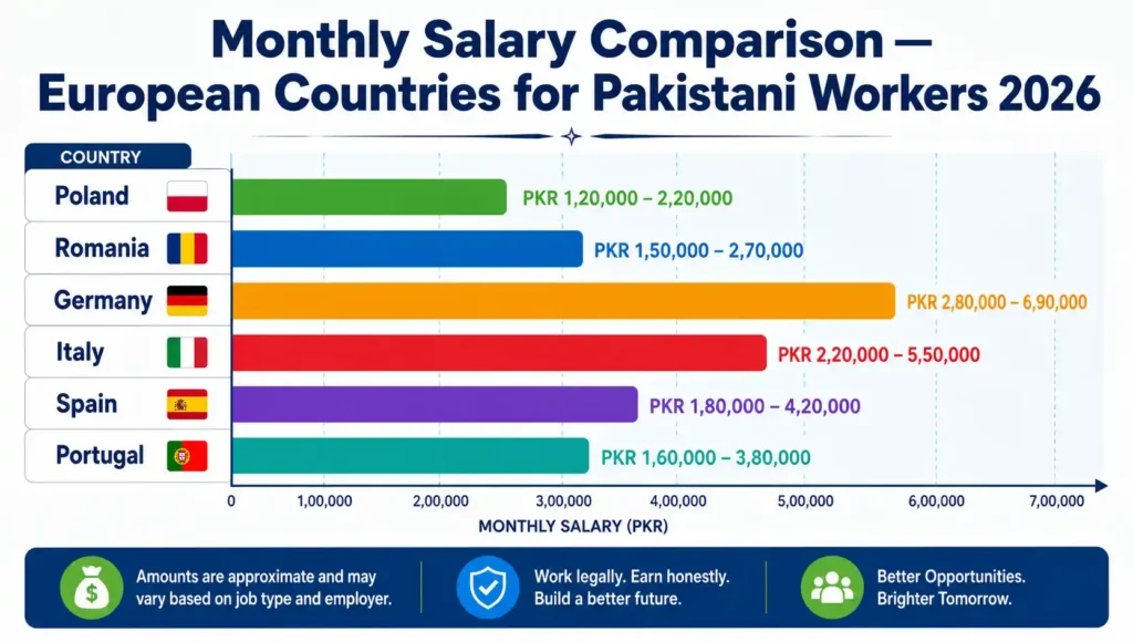 unskilled jobs Europe for Pakistanis 2026 salary comparison all 6 countries monthly PKR earnings bar chart