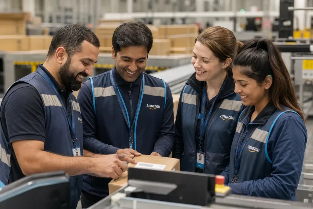 Foreign warehouse assistants from Pakistan and India working together in Iceland factory