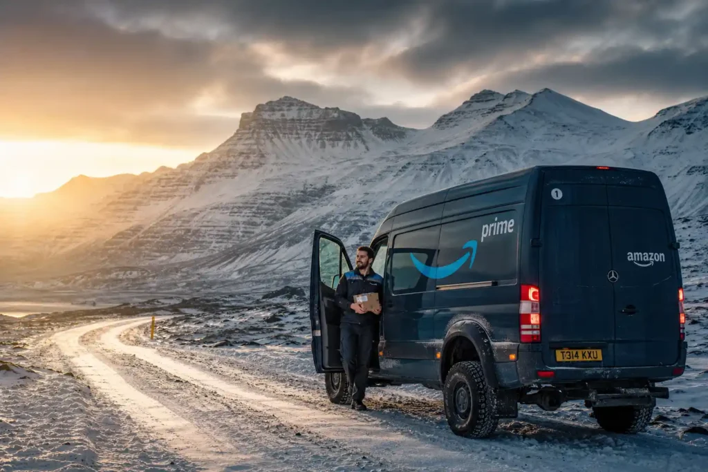 Amazon delivery jobs Iceland in snowy winter landscape for international workers