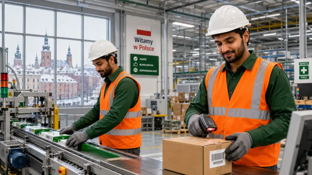 Pakistani workers doing factory jobs in Poland 2026 — production line and warehouse roles available for overseas Pakistani workers