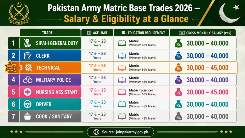join Pakistan army after matric 2026 all 7 trades salary eligibility age limit comparison chart