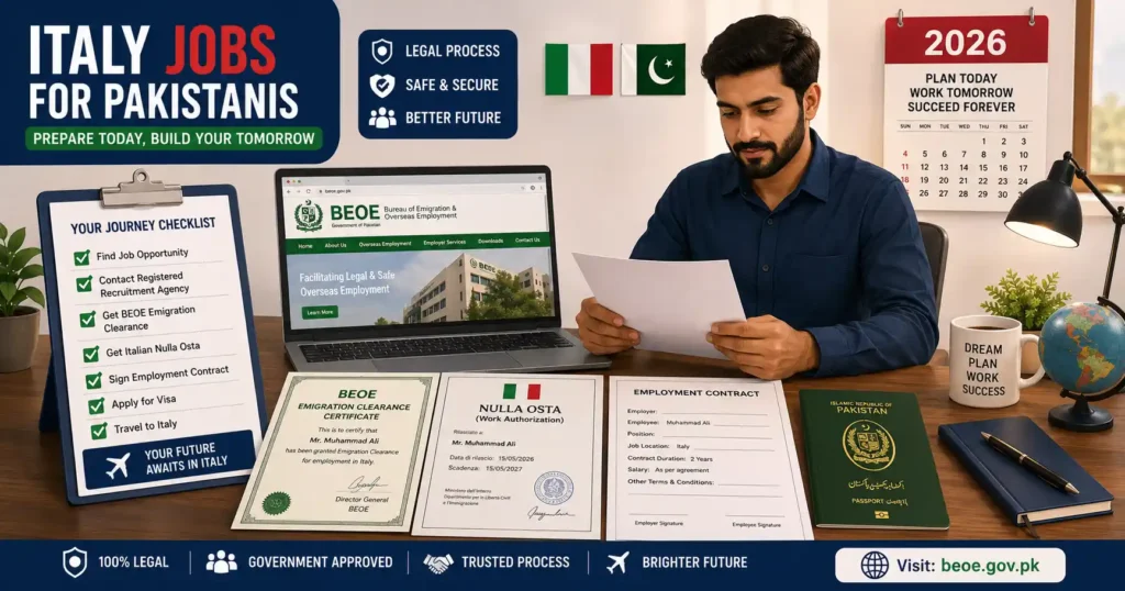 Italy work visa document checklist for Pakistanis 2026 — BEOE emigration clearance Nulla Osta and employment contract required