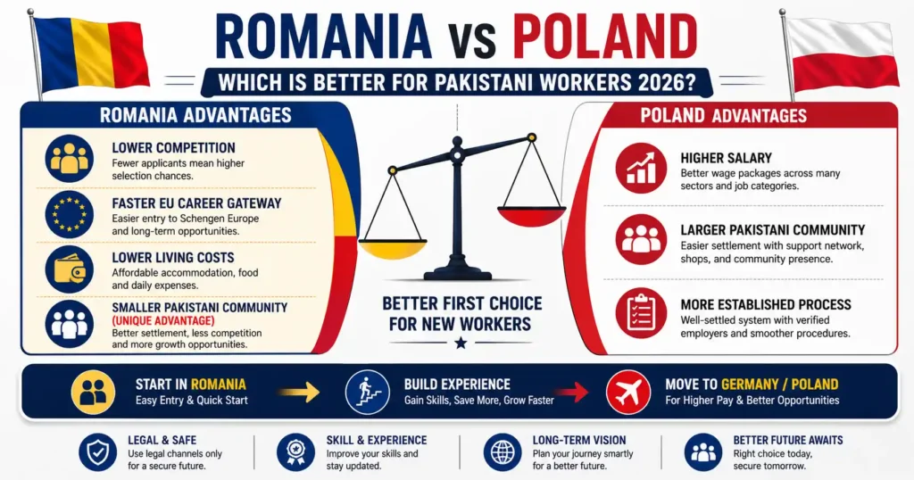 Romania vs Poland jobs for Pakistanis 2026 comparison salary competition work permit visa processing