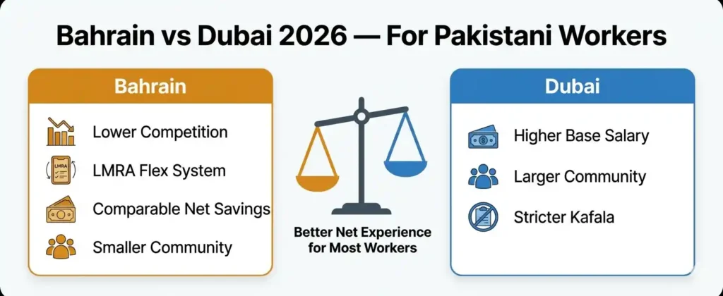 Bahrain vs Dubai jobs for Pakistanis 2026 salary comparison LMRA kafala honest guide