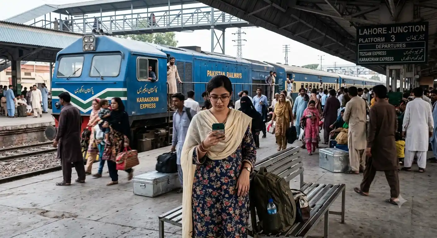 pakistan railway helpline number 2026 passenger checking phone at station platform