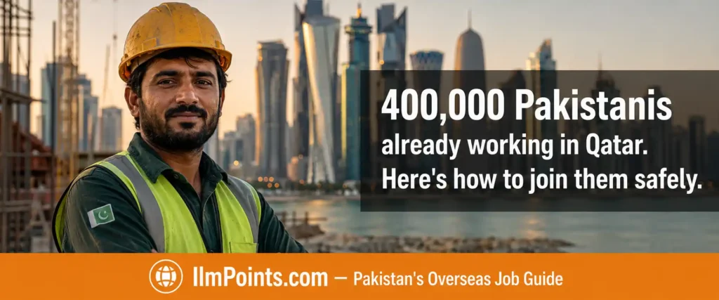 Qatar jobs for Pakistanis 2026 Doha skyline Pakistani workers salary savings guide