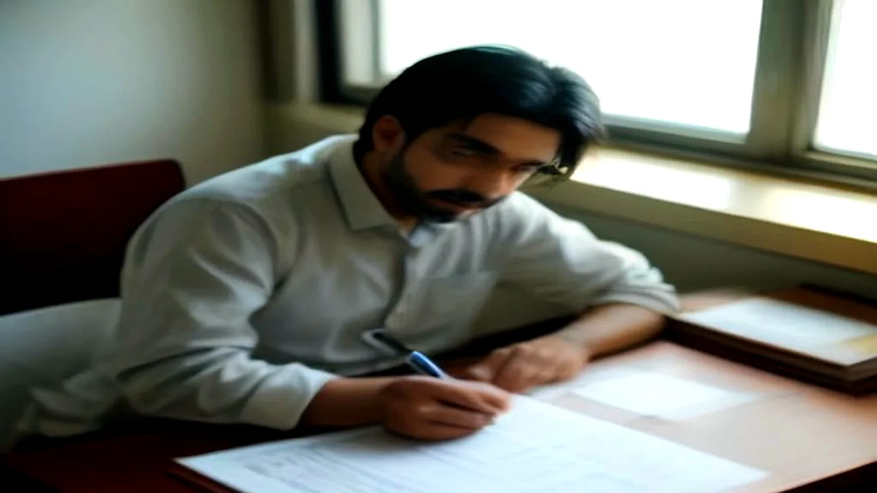 GPF Subscription Rates 2026 Pakistan BS 1 to 22: A male Pakistani government office worker sitting at a wooden desk in an Islamabad administration office