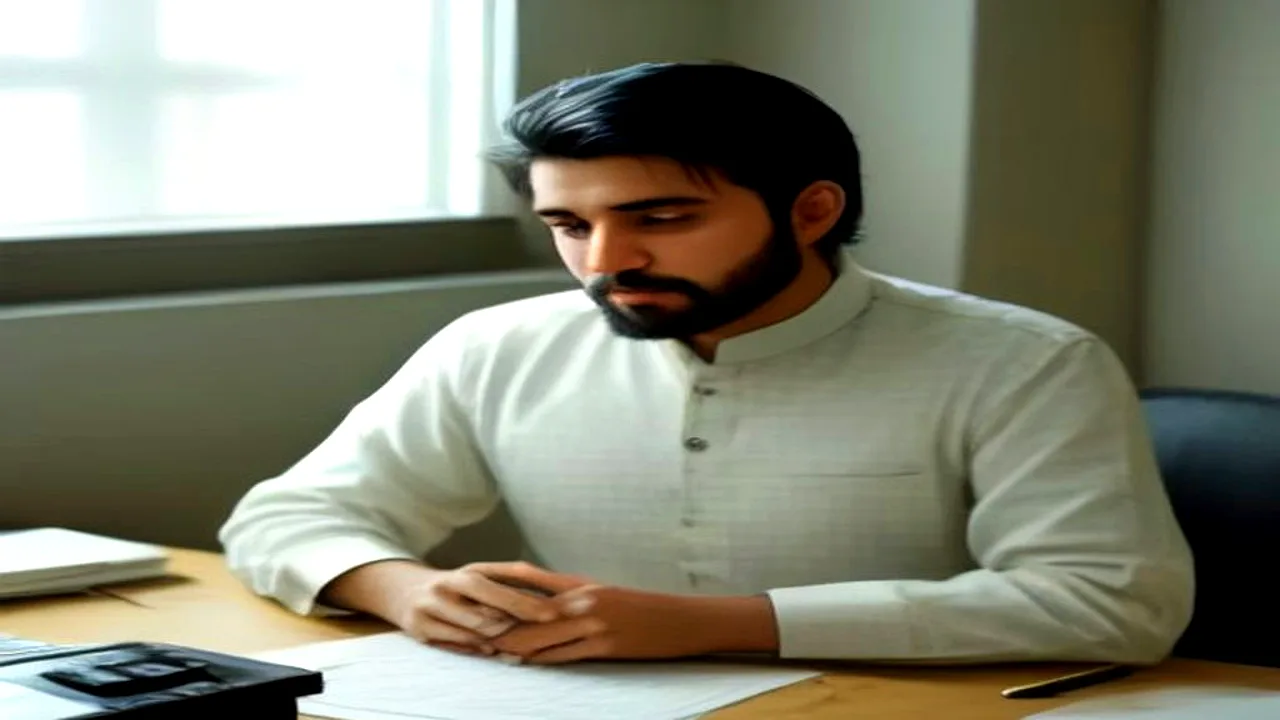 Health Allowance Federal Employees: A Pakistani male government accountant in traditional shalwar kameez sitting at a modern office desk