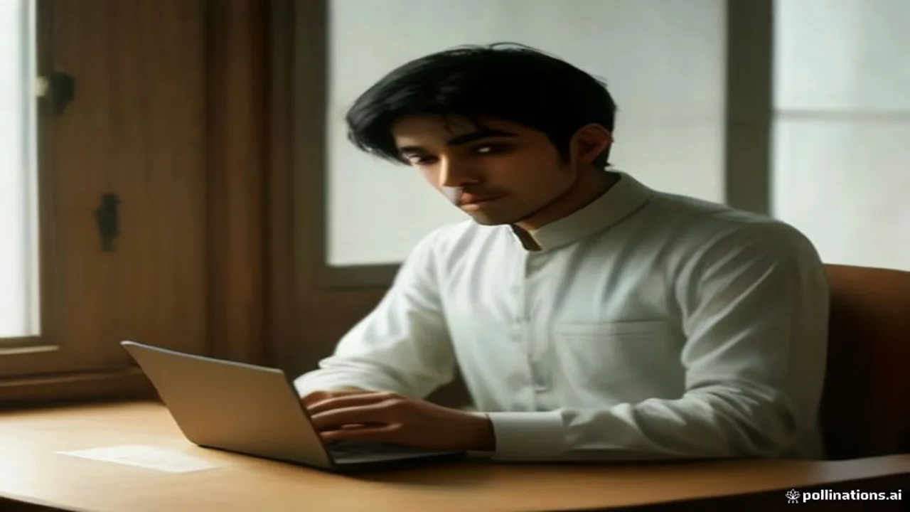 PPSC Advertisement 11 2026: A young Pakistani man in a plain shalwar kameez sits at a wooden desk with a laptop, entering details from a (AI-generated illustration)