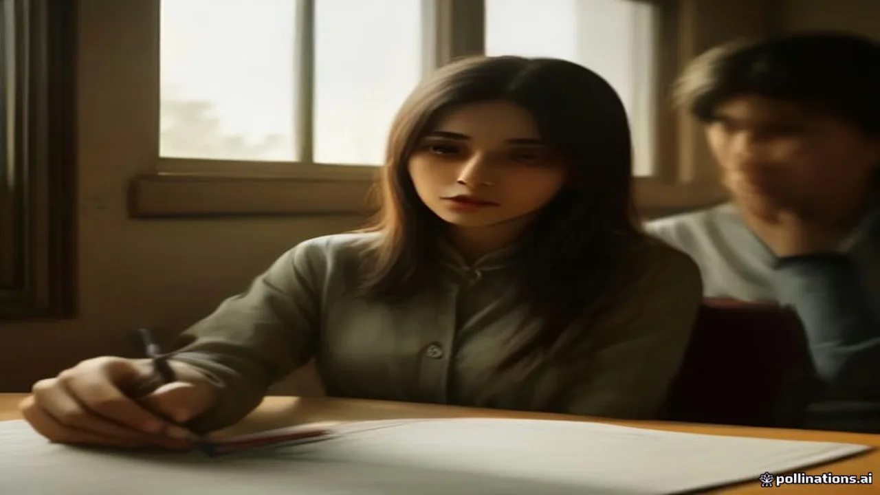 STI Jobs 2026: A Pakistani female candidate sitting on a chair opposite three school officials across a wooden table inside (AI-generated illustration)